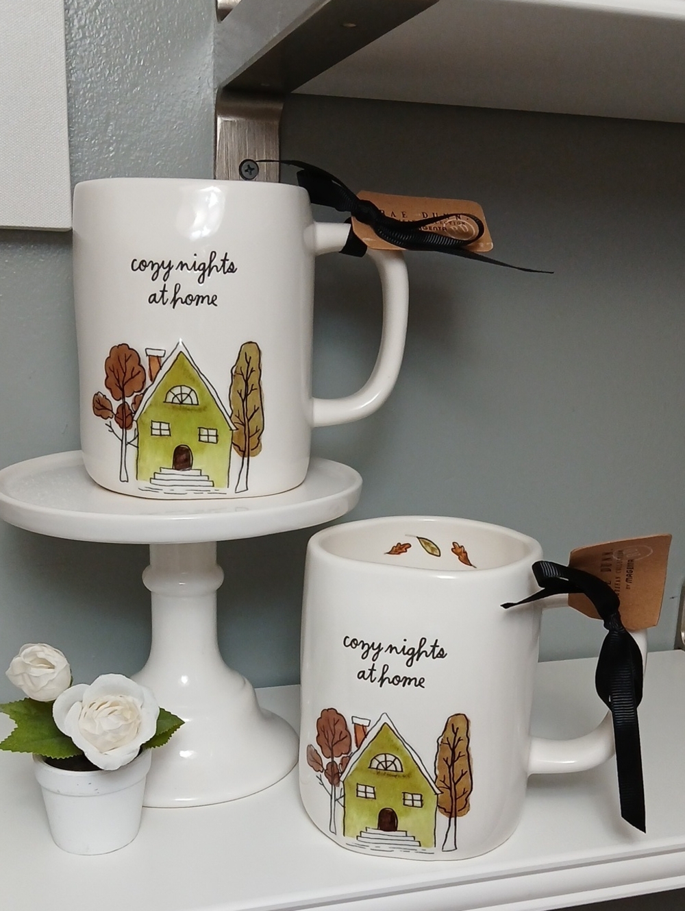 Set of 2 Rae Dunn White Ceramic Mugs with Green House and Autumn Tree Design NWT